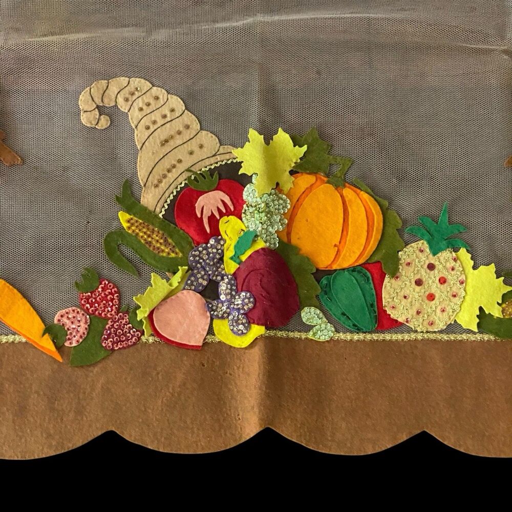 Vtg Tablecloth Handmade Thanksgiving 87" x 68" Harvest Mesh Felt Sequined Beaded